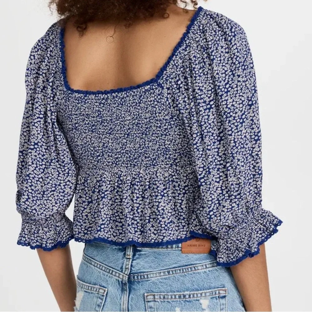 Free People‎ Brittnee Print Smocked Back Peplum Top in Blue Combo Size XS